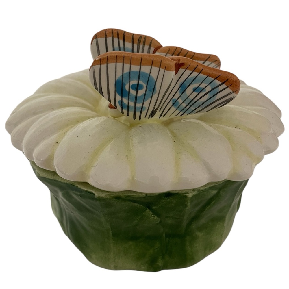 Italian Vietri rare flower butterfly cabbage figural glazed ceramic trinket tray